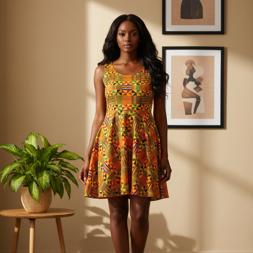 Kente Print Women's Skater Dress - African-Inspired Vibrant Pattern