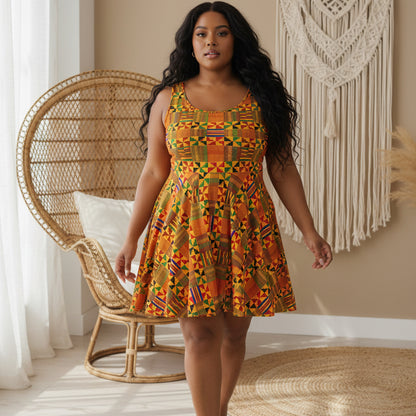 Kente Print Women's Skater Dress - African-Inspired Vibrant Pattern