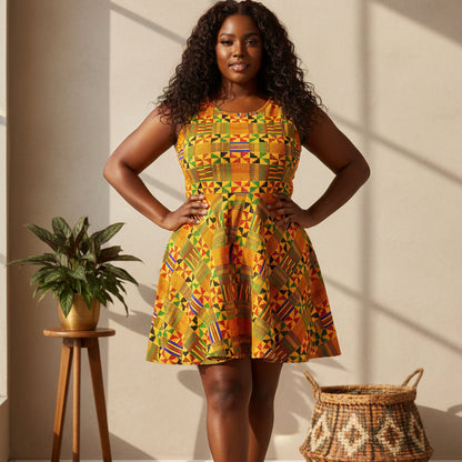 Kente Print Women's Skater Dress - African-Inspired Vibrant Pattern