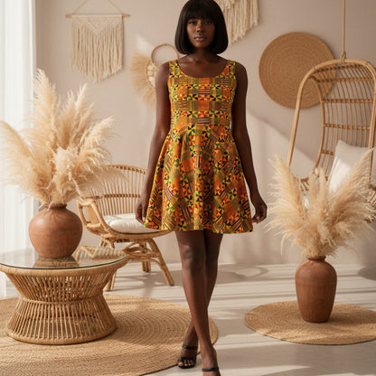 Kente Print Women's Skater Dress - African-Inspired Vibrant Pattern