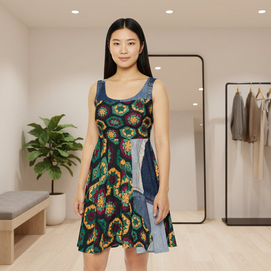 Crochet Hexagon Pattern Print Skater Dress — Retro Boho Floral Inspired