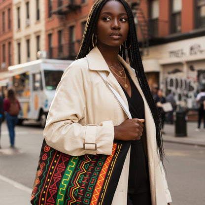 Afrocentric Pattern Canvas Tote — Colorful Tribal Stripe Beach & Market Bag