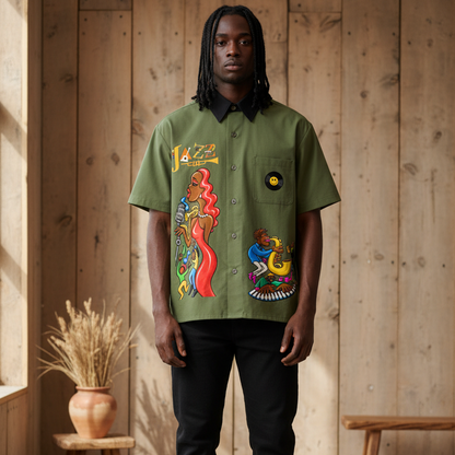 Afro Singer, Jazz Music Themed Graphic Unisex Color Block Short Sleeve Shirt