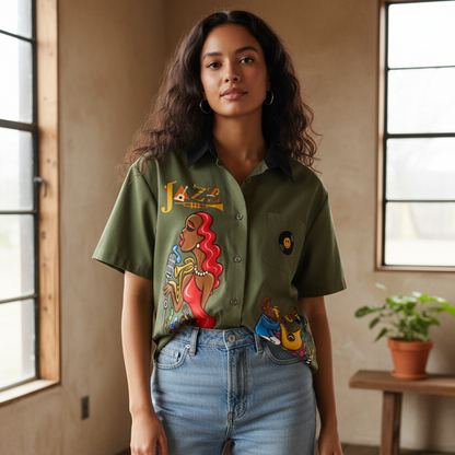 Afro Singer, Jazz Music Themed Graphic Unisex Color Block Short Sleeve Shirt