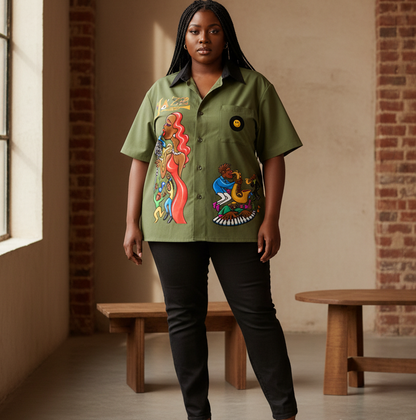 Afro Singer, Jazz Music Themed Graphic Unisex Color Block Short Sleeve Shirt