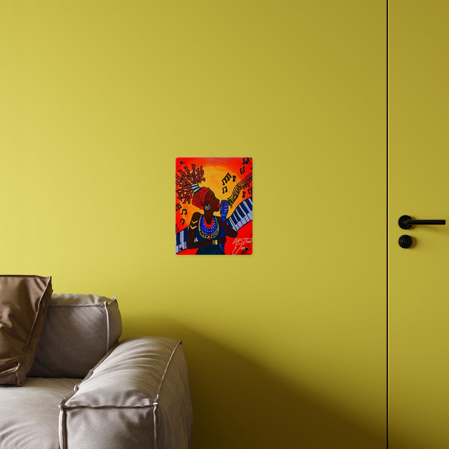 Acrylic Wall Art Panel — Vibrant Jazz Singer Illustration (Colorful Music Notes, Bold Afrocentric Art)