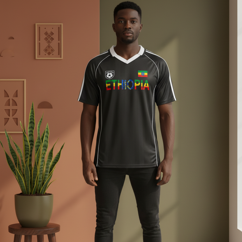 Ethiopia Flag Themed Graphic Stripe Collared Soccer Jersey