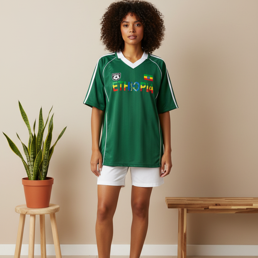 Ethiopia Flag Themed Graphic Stripe Collared Soccer Jersey