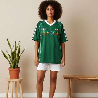 Ethiopia Flag Themed Graphic Stripe Collared Soccer Jersey