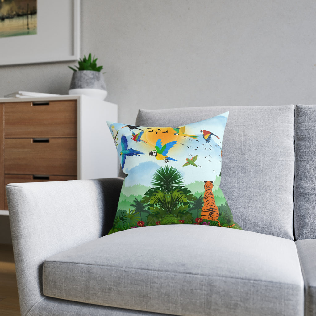 Tropical Jungle Square Pillow — Colorful Parrots & Tiger Decorative Throw Pillow Printify