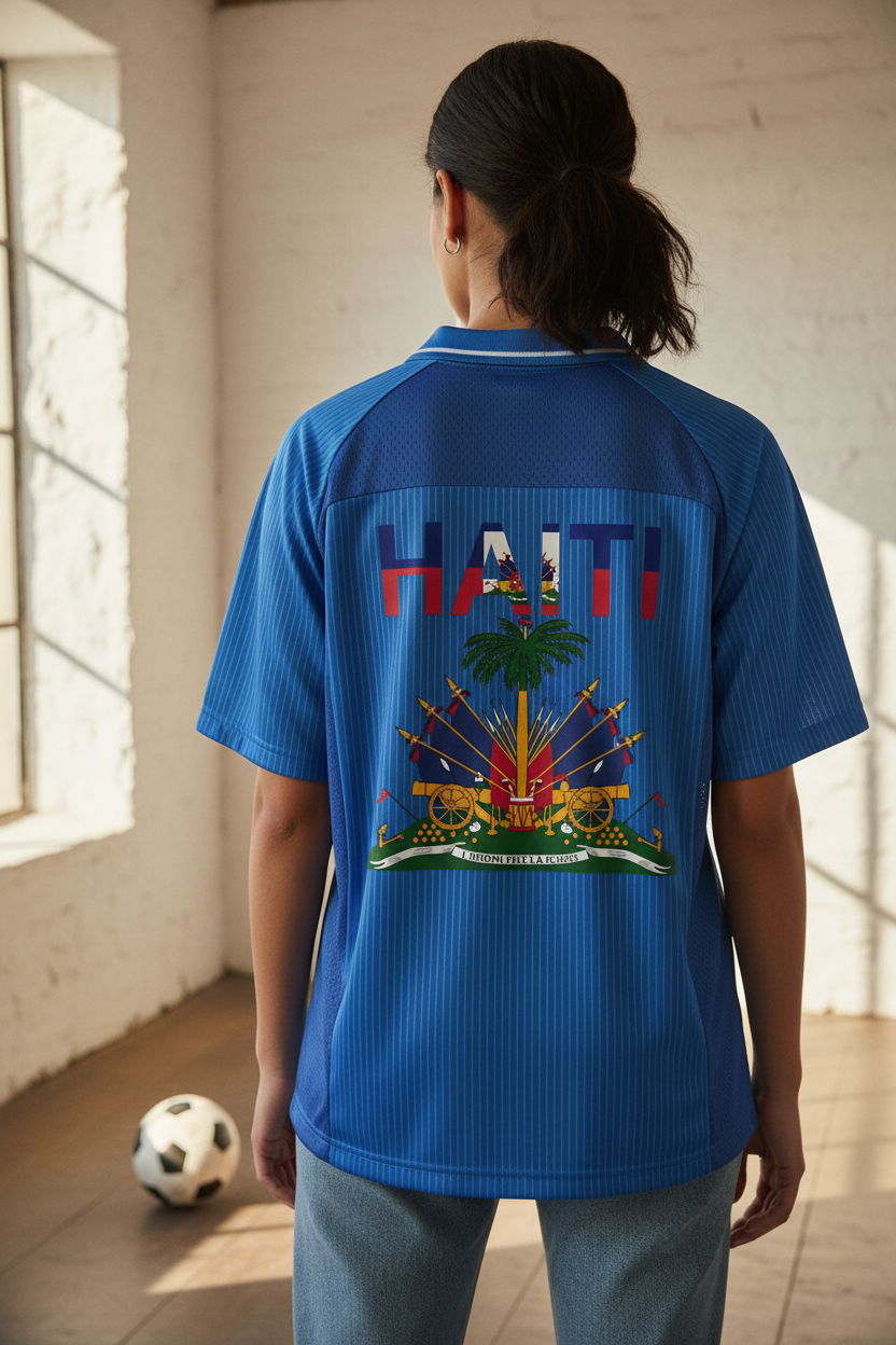 Unisex V-Neck Soccer Jersey Featuring Haiti-Inspired Flag Stripes