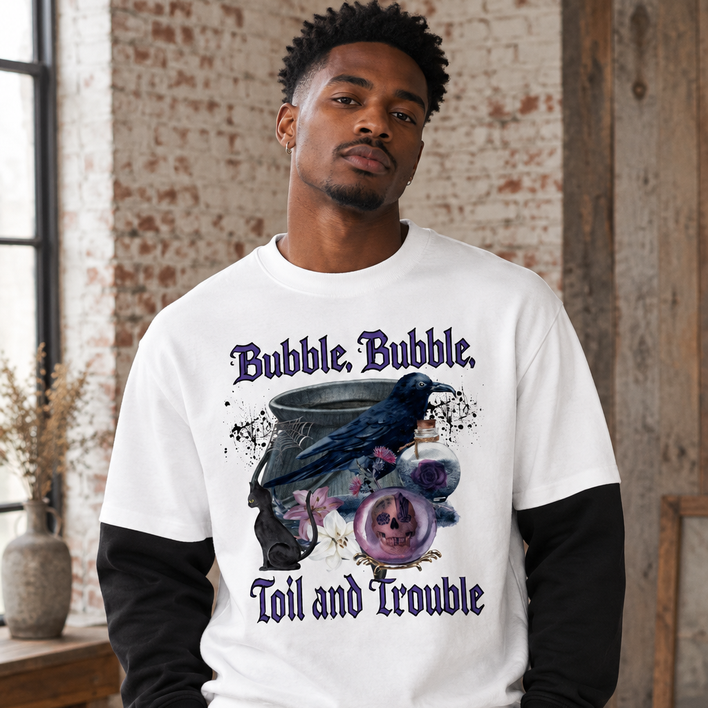 Gothic Raven Halloween Graphic  Unisex Layered Contrast Sleeve Cotton T-Shirt
