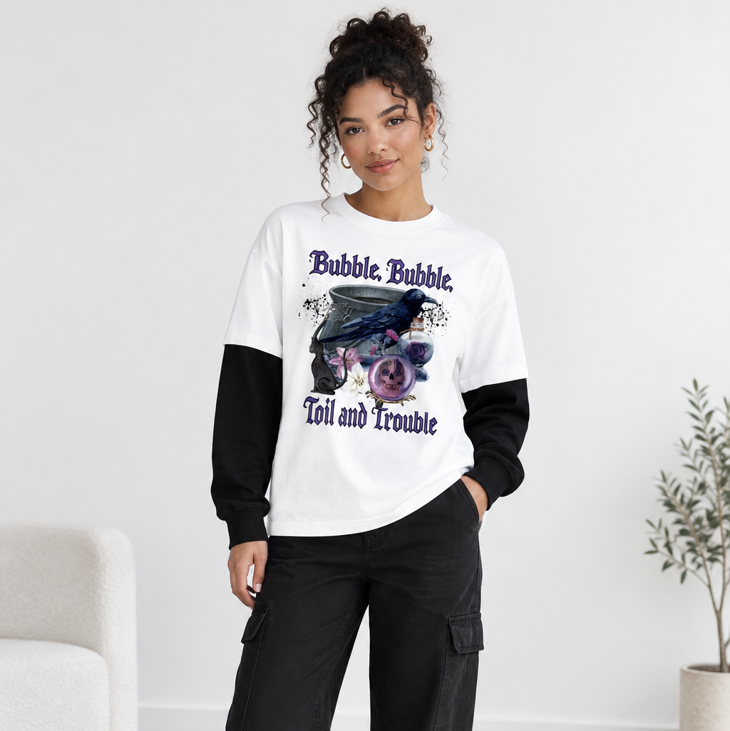 Gothic Raven Halloween Graphic  Unisex Layered Contrast Sleeve Cotton T-Shirt