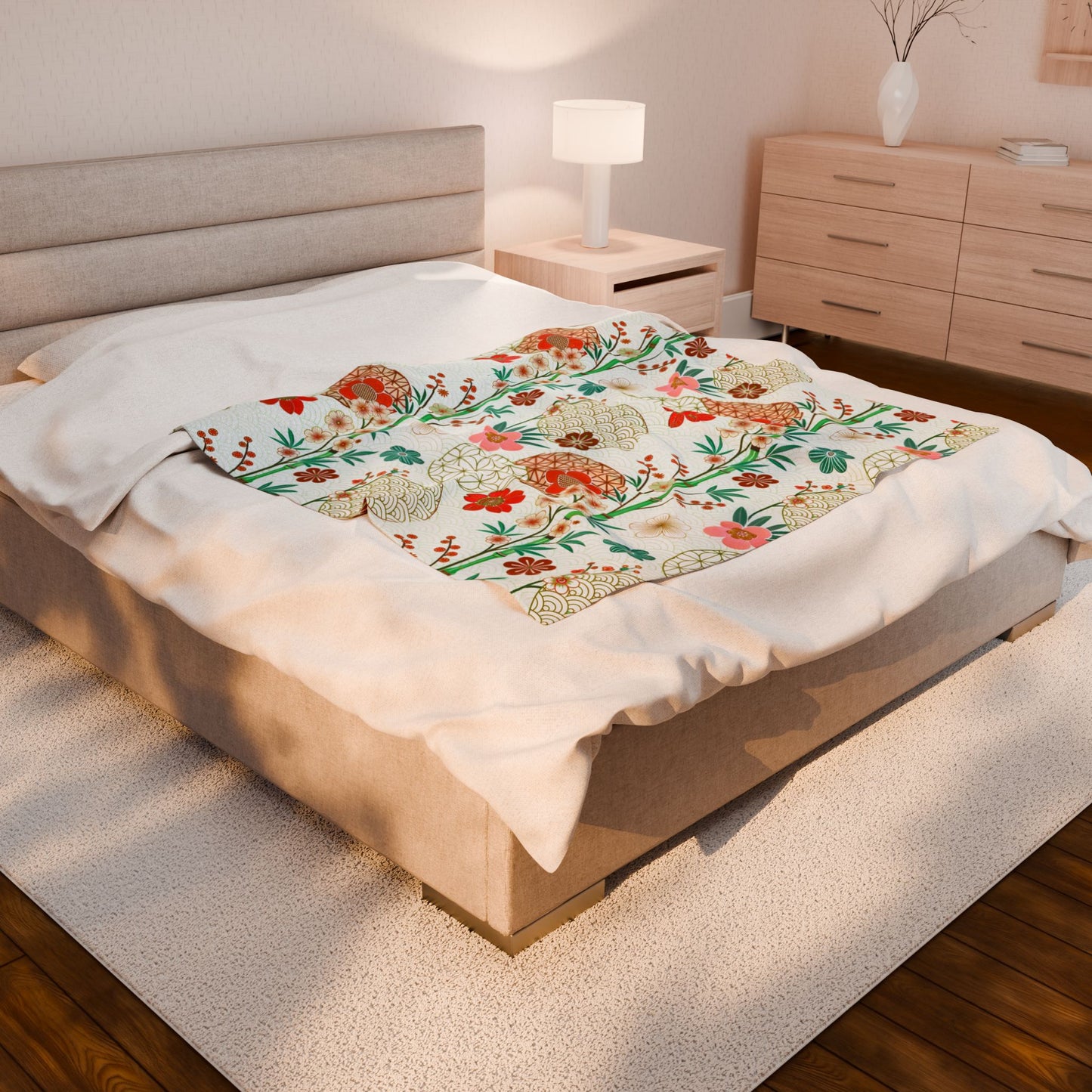 Floral Japanese Circle Velveteen Plush Blanket — Soft Retro Blossom Throw