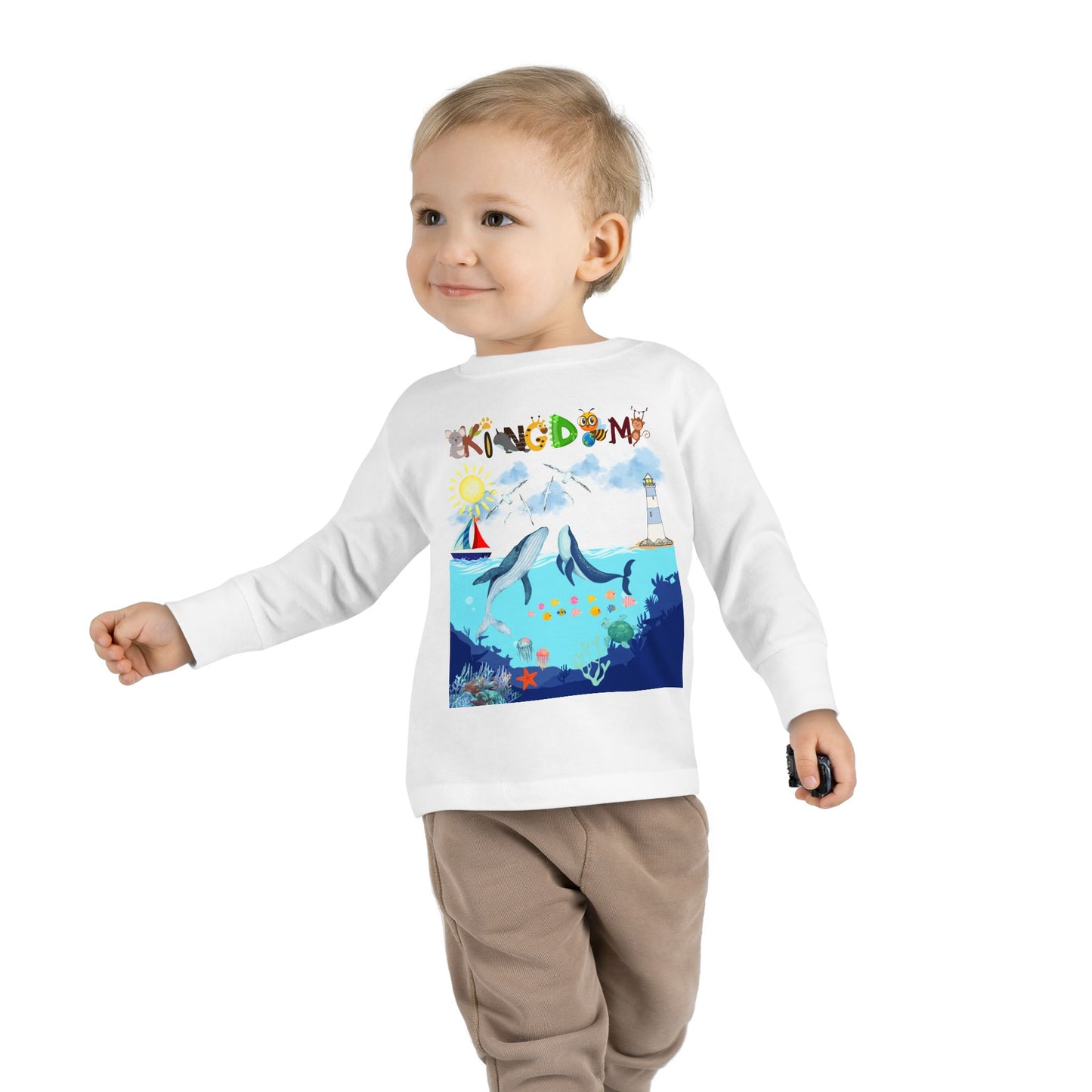 Whale Cartoon Graphic Toddler Tee, Kids Long Sleeve Shirt, Ocean Animal Children's Clothing