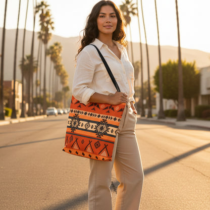 Southwestern Aztec Pattern Tote Bag — Orange Tribal All-Over Print