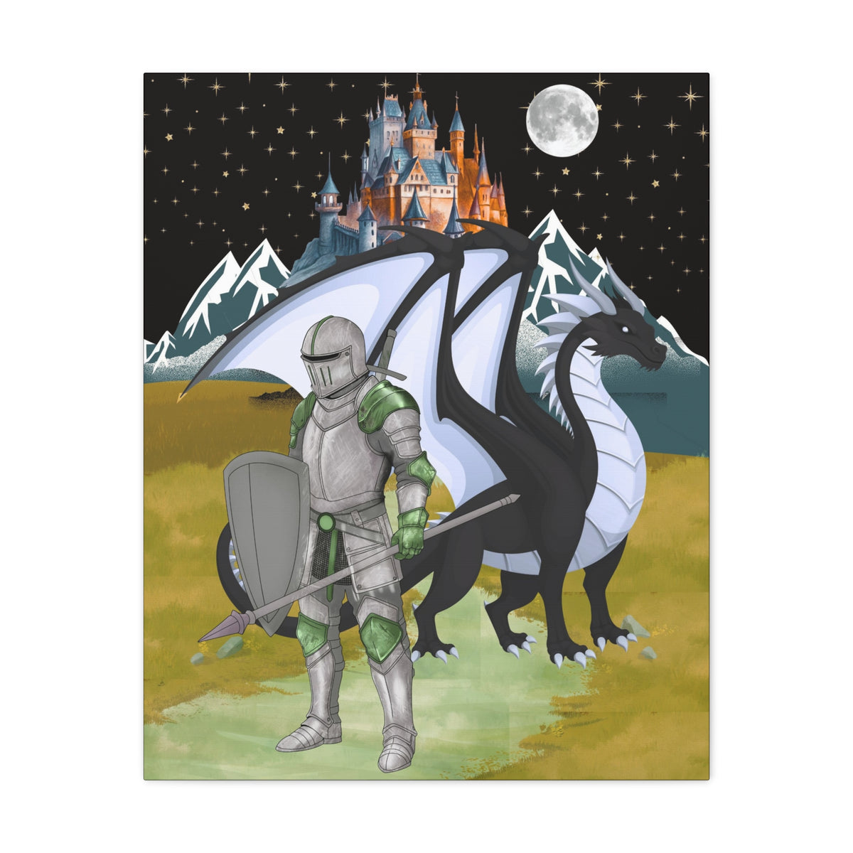 Medieval Knight & Dragon Castle Night Matte Stretched Canvas Printify
