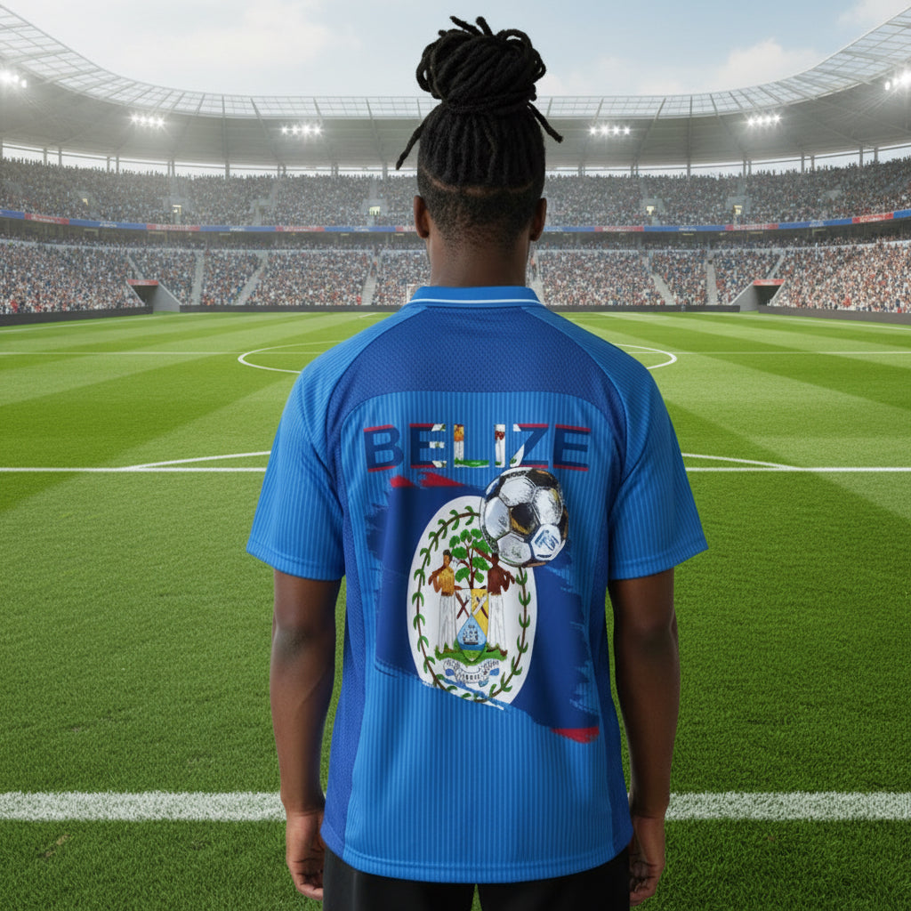 Belize Flag Themed Graphic Unisex Striped V-Neck Soccer Jersey