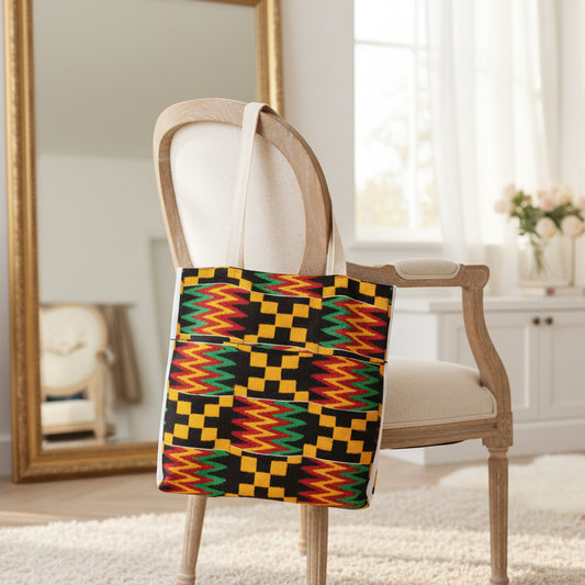 Kente Pattern Canvas Tote Bag — Vibrant African Print Market Tote