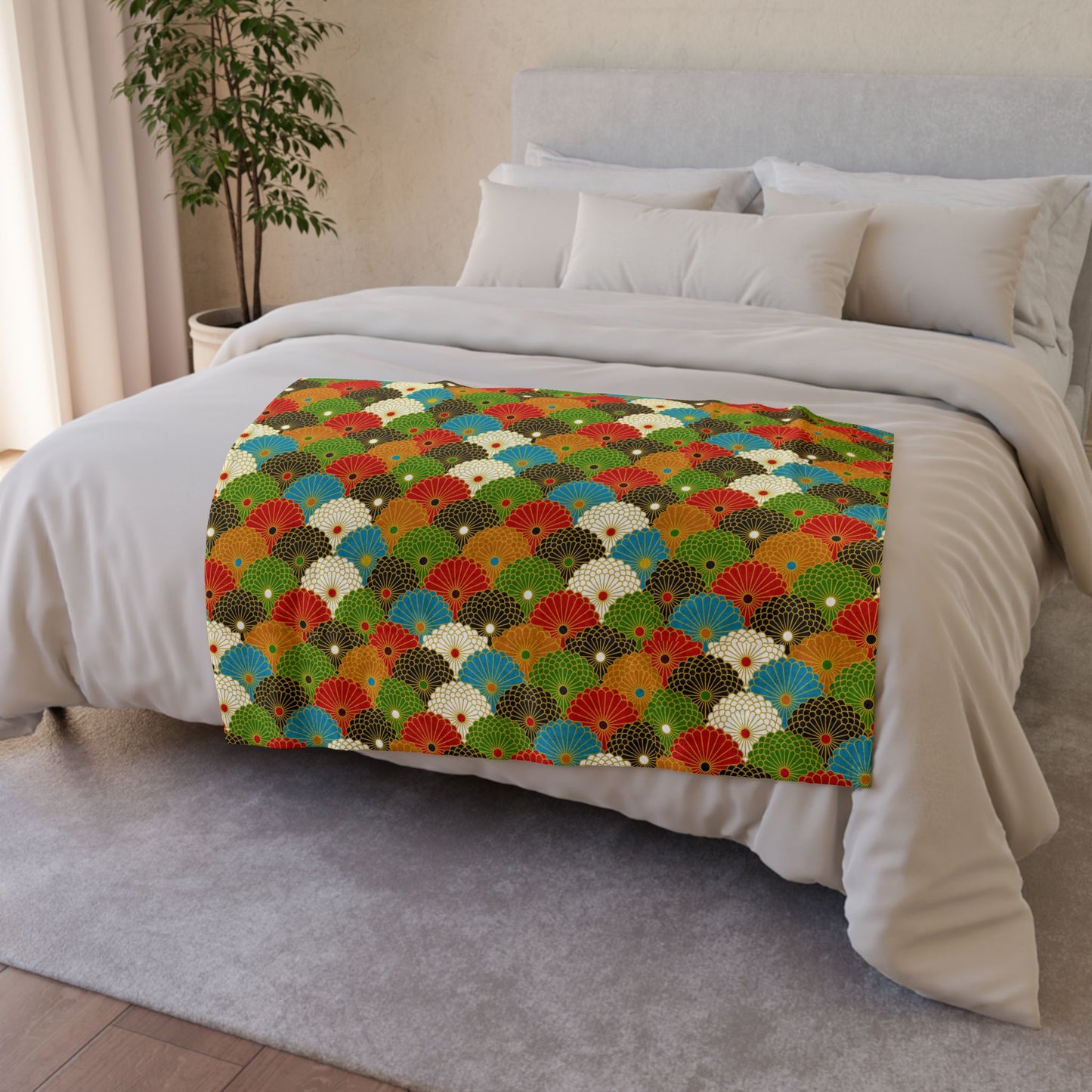 Retro Fan Pattern Polyester Blanket — Colorful Geometric Throw for Living Room & Gift