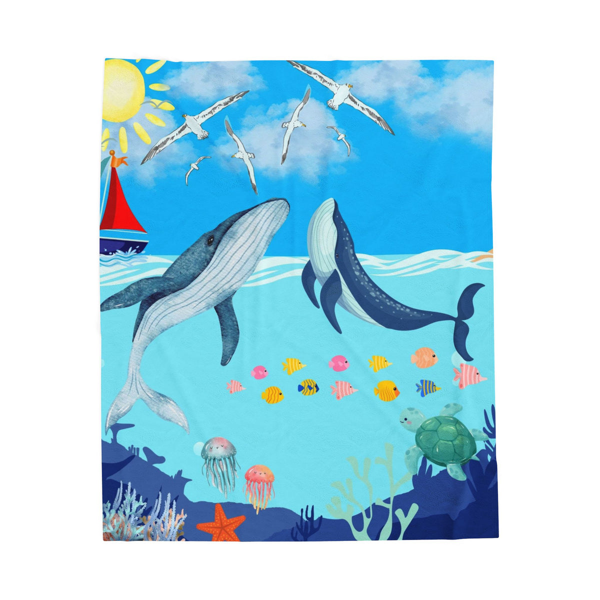 Whale & Ocean Scene Velveteen Plush Blanket – Cozy Decor for Ocean Lovers & Kids Printify