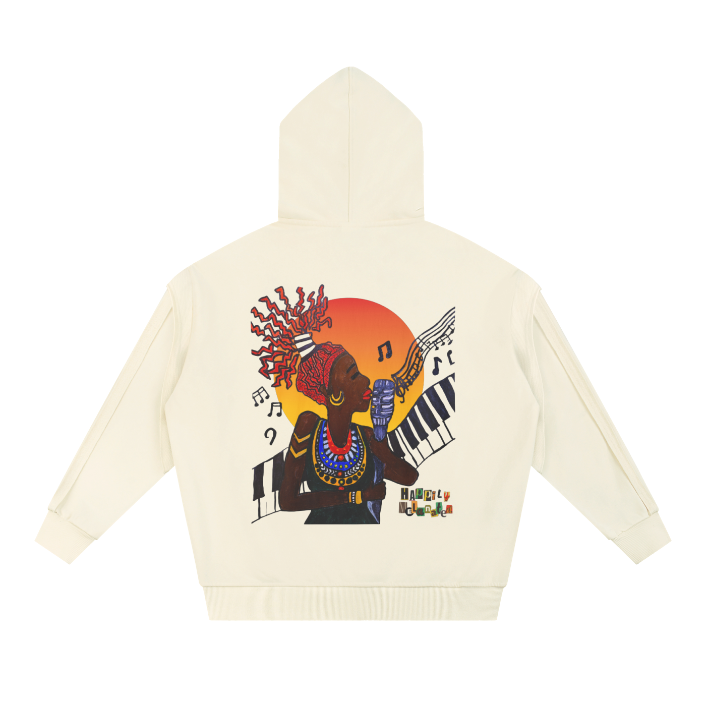 Jazz Singer Graphic Double Layered Zip Hoodie, Contrast Tape Raw Edge