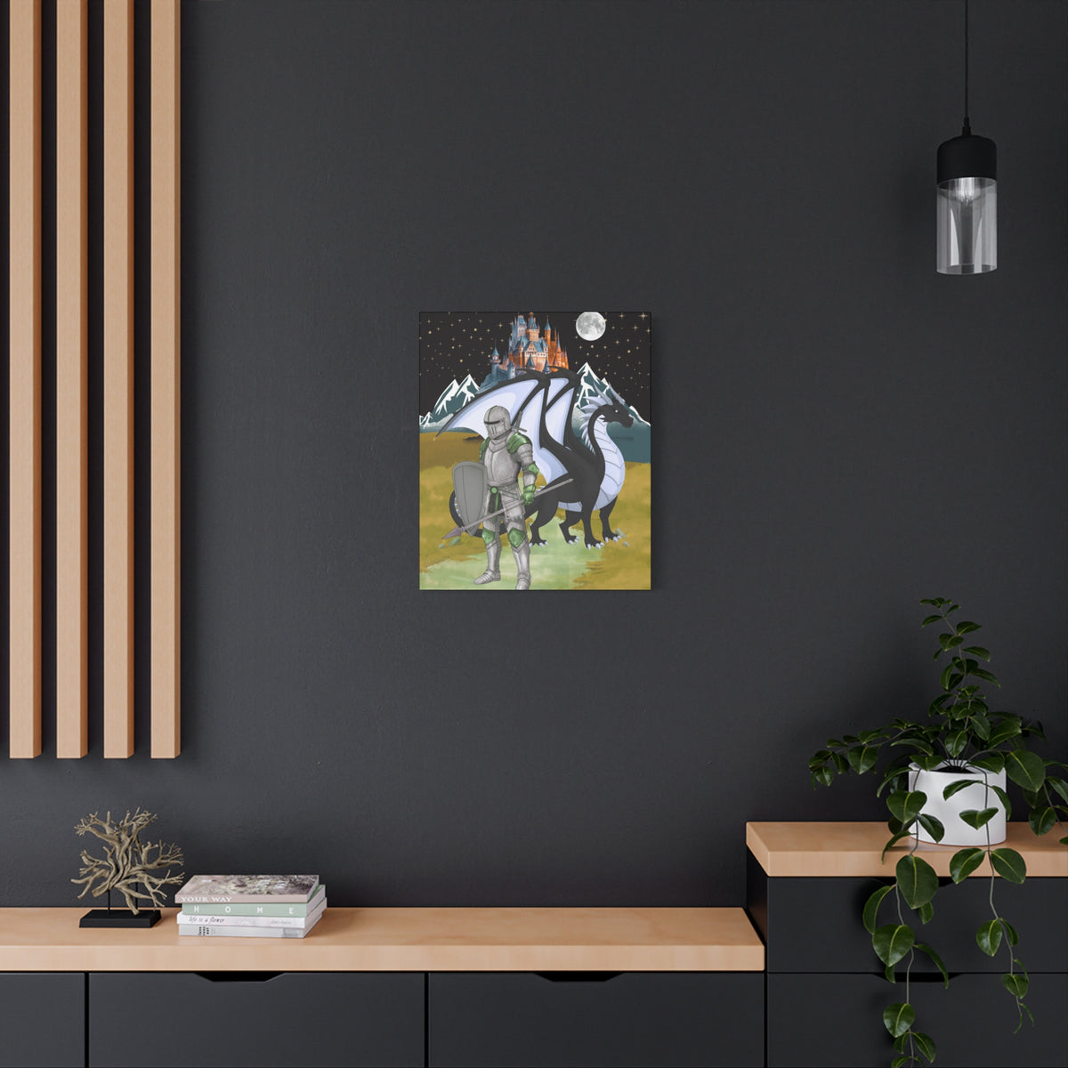 Medieval Knight & Dragon Castle Night Matte Stretched Canvas Printify