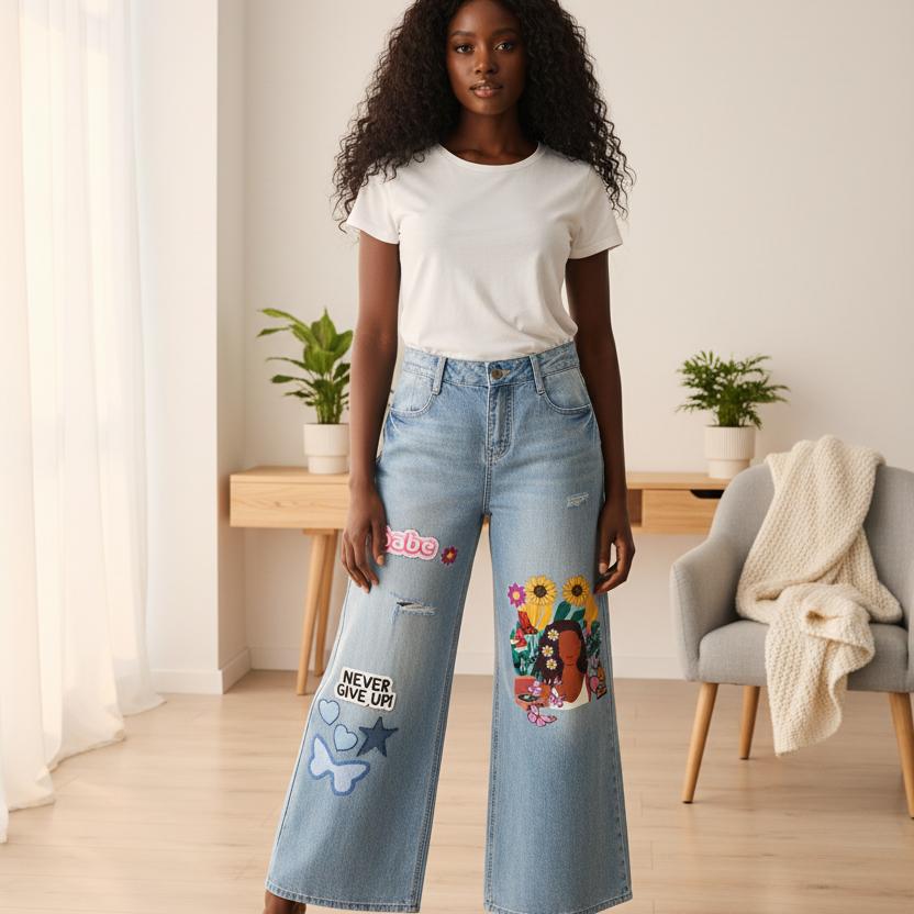 Colorful Afro Art  Themed Graphic Women's Vintage Wash Distressed Wide Leg Jeans