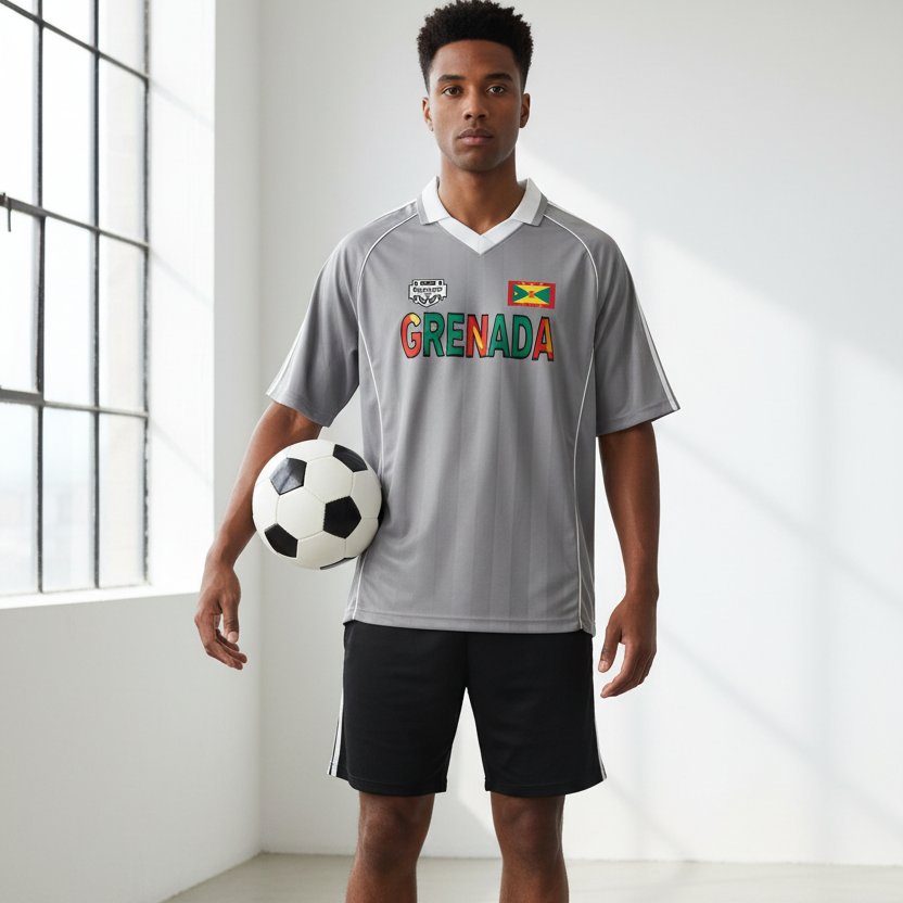 Grenada Flag Themed Graphic Stripe Collared Soccer Jersey