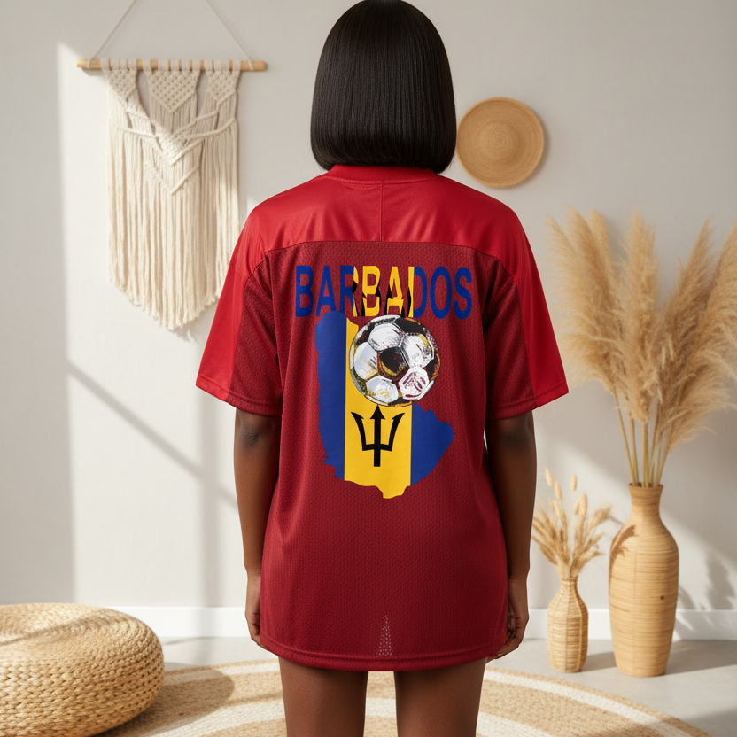Barbados Flag Themed Unisex Oversized Mesh V-Neck Soccer Jersey