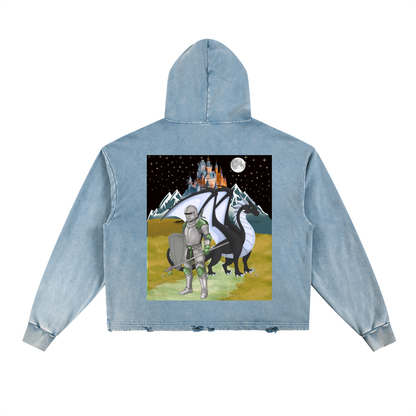 Medieval Dragon Themed Graphic Vintage Washed Frayed-Hem Hoodie
