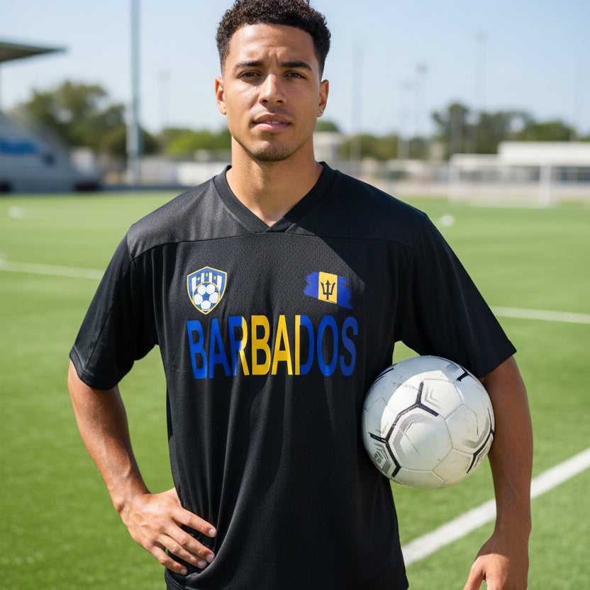 Barbados Flag Themed Unisex Oversized Mesh V-Neck Soccer Jersey