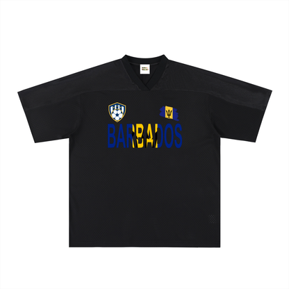 Barbados Flag Themed Unisex Oversized Mesh V-Neck Soccer Jersey