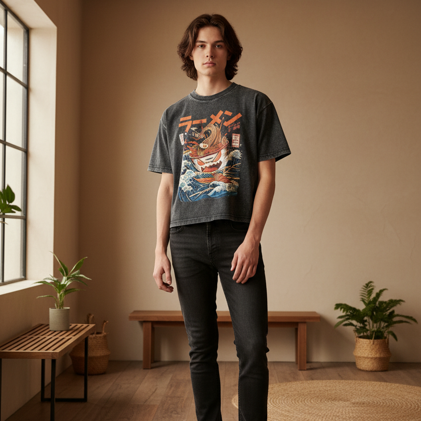 Graphic Ramen Art  Mineral Wash Boxy Cotton Unisex T-Shirt