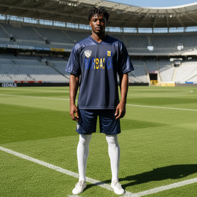 Barbados Flag Themed Unisex Oversized Mesh V-Neck Soccer Jersey