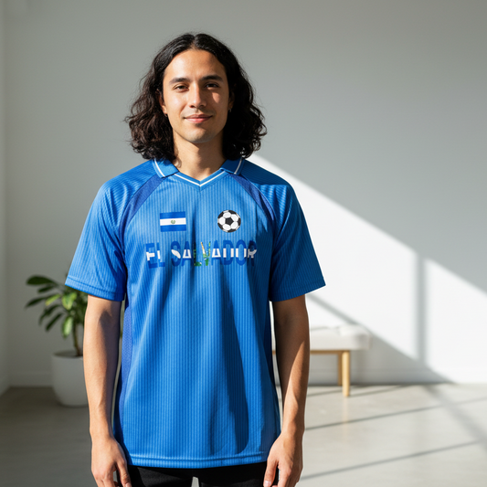 El Salvador Flag Themed Striped V-Neck Soccer Unisex Jersey