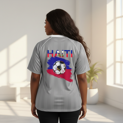 Unisex Haiti Flag Themed Graphic Shadow Stripe Collared Soccer Jersey