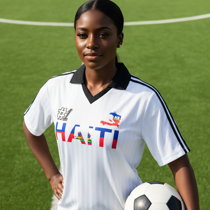 Unisex Haiti Flag Themed Contrast Collar Striped Soccer Jersey
