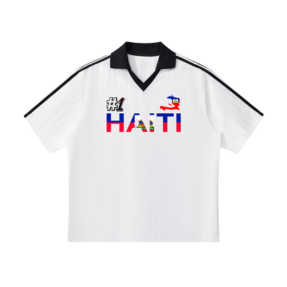Unisex Haiti Flag Themed Contrast Collar Striped Soccer Jersey
