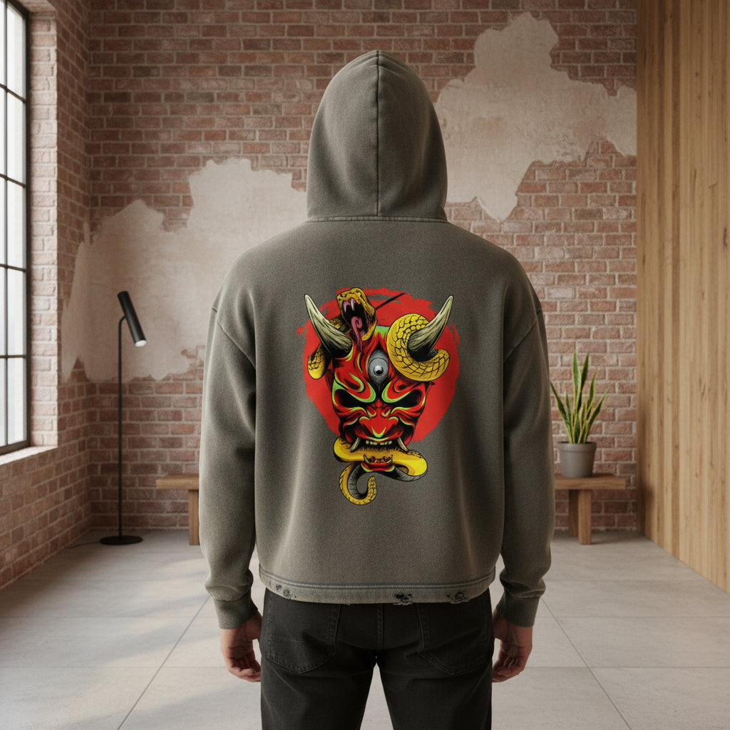 Unisex Samurai Menpo Graphic Vintage Washed Frayed-Hem Hoodie ODMPOD