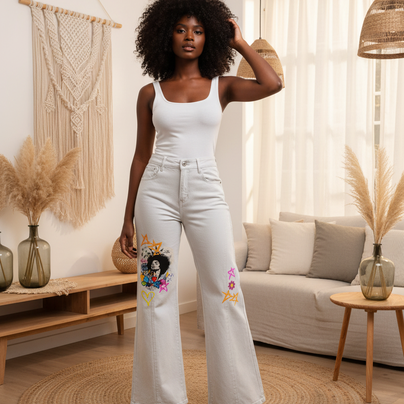 Afro Music & Graffiti Art Graphic Women's Flared Leg Jeans