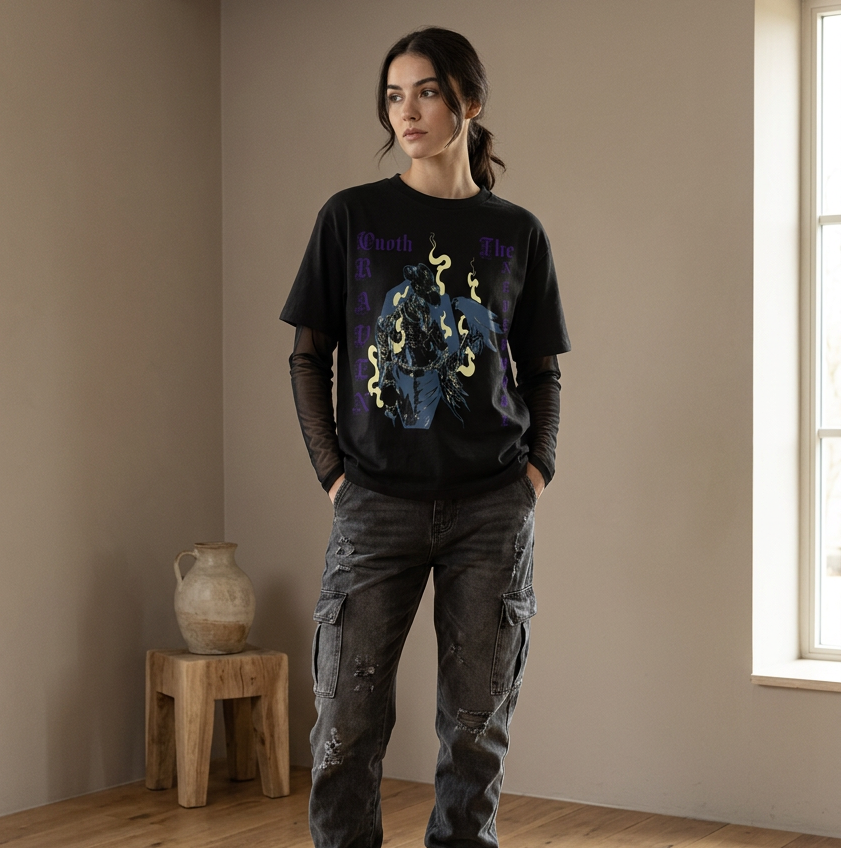 Gothic Raven Art Graphic Unisex Sunfade Layer T-Shirt