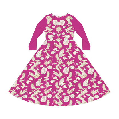 Pink Floral & Gragon Print Long Sleeve Dance Dress | Boho Style, Vintage Inspired