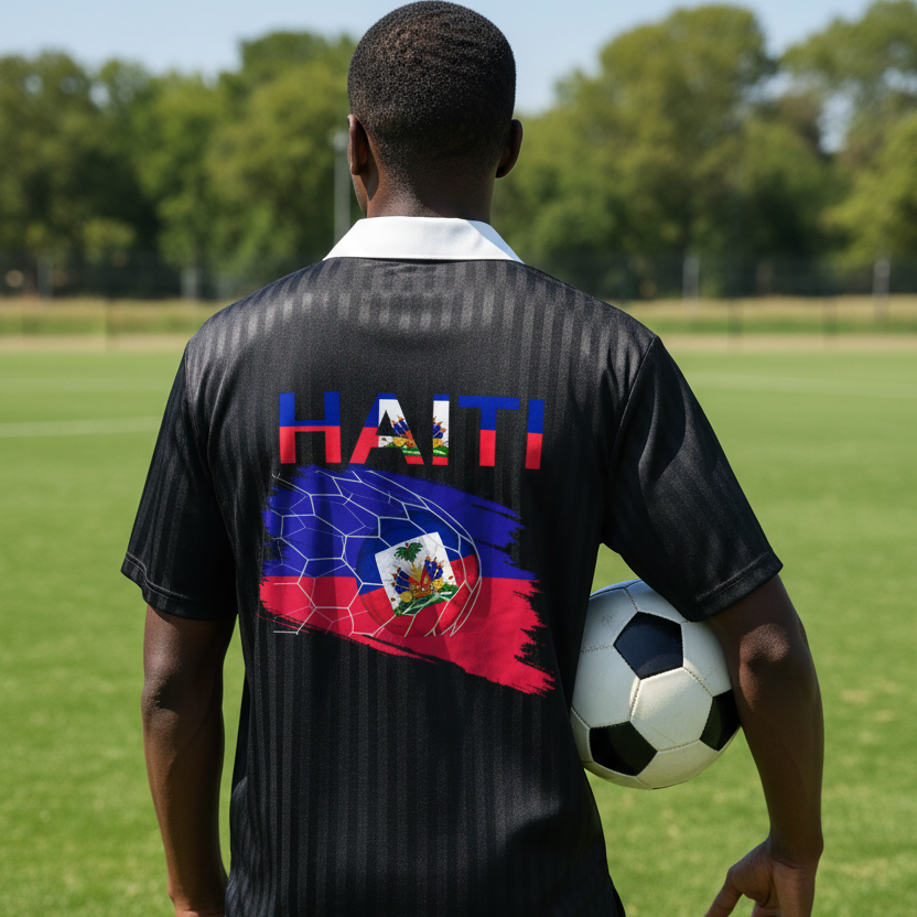 Unisex Haiti Flag Themed Contrast Collar Striped Soccer Jersey