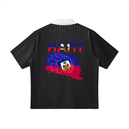 Unisex Haiti Flag Themed Contrast Collar Striped Soccer Jersey