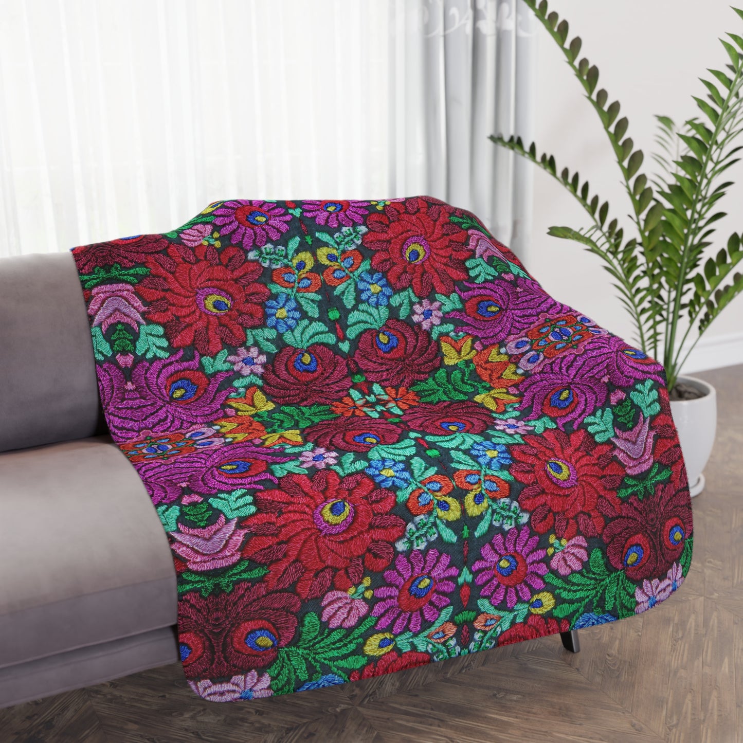 Floral Kaleidoscope Tan Sherpa Blanket — Reversible Plush Throw