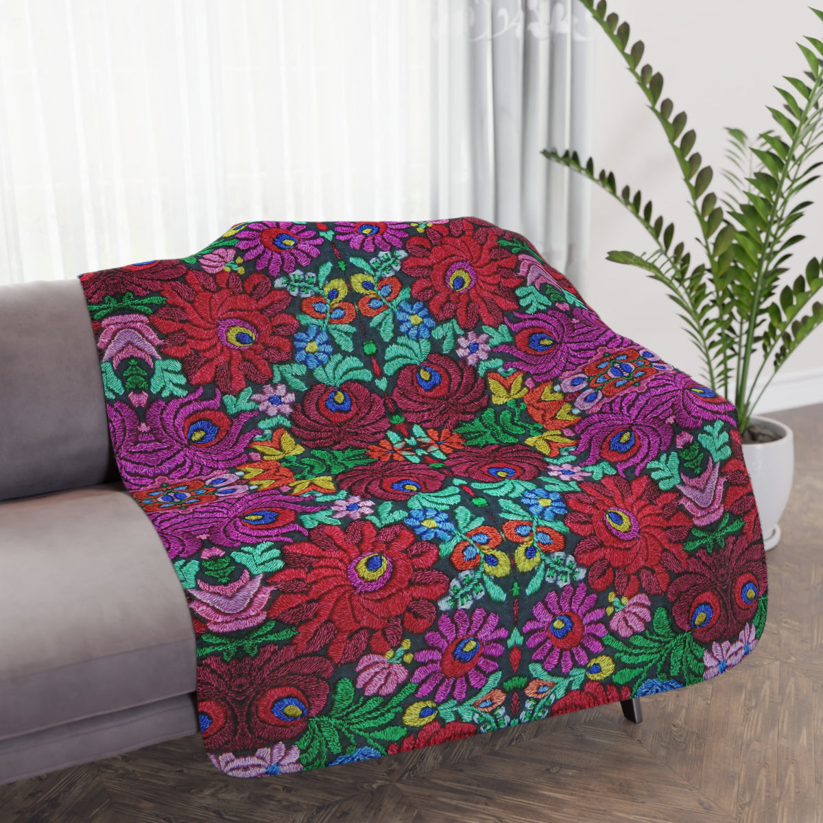 Floral Kaleidoscope Tan Sherpa Blanket — Reversible Plush Throw Printify