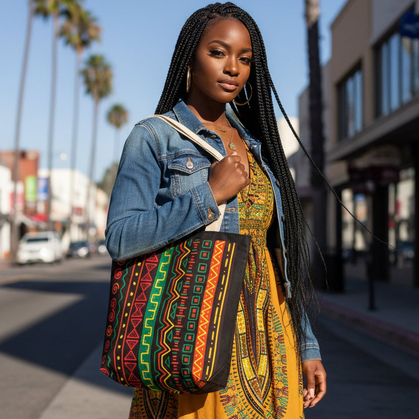 Afrocentric Pattern Canvas Tote — Colorful Tribal Stripe Beach & Market Bag