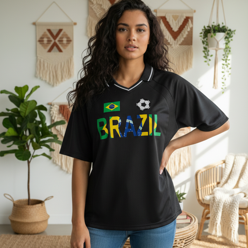Brazil Flag Themed Graphic Striped V-Neck Soccer Unisex Jersey