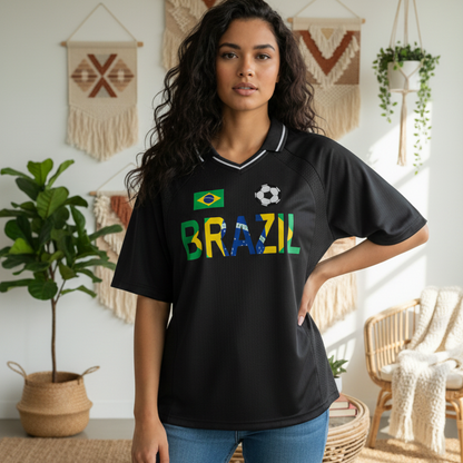Brazil Flag Themed Graphic Striped V-Neck Soccer Unisex Jersey